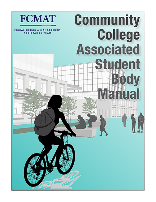 the cover of the community college ASB manual, with the title and a dkrawing of college buildings with silhouettes of students walking and a bicyclist in the foreground
